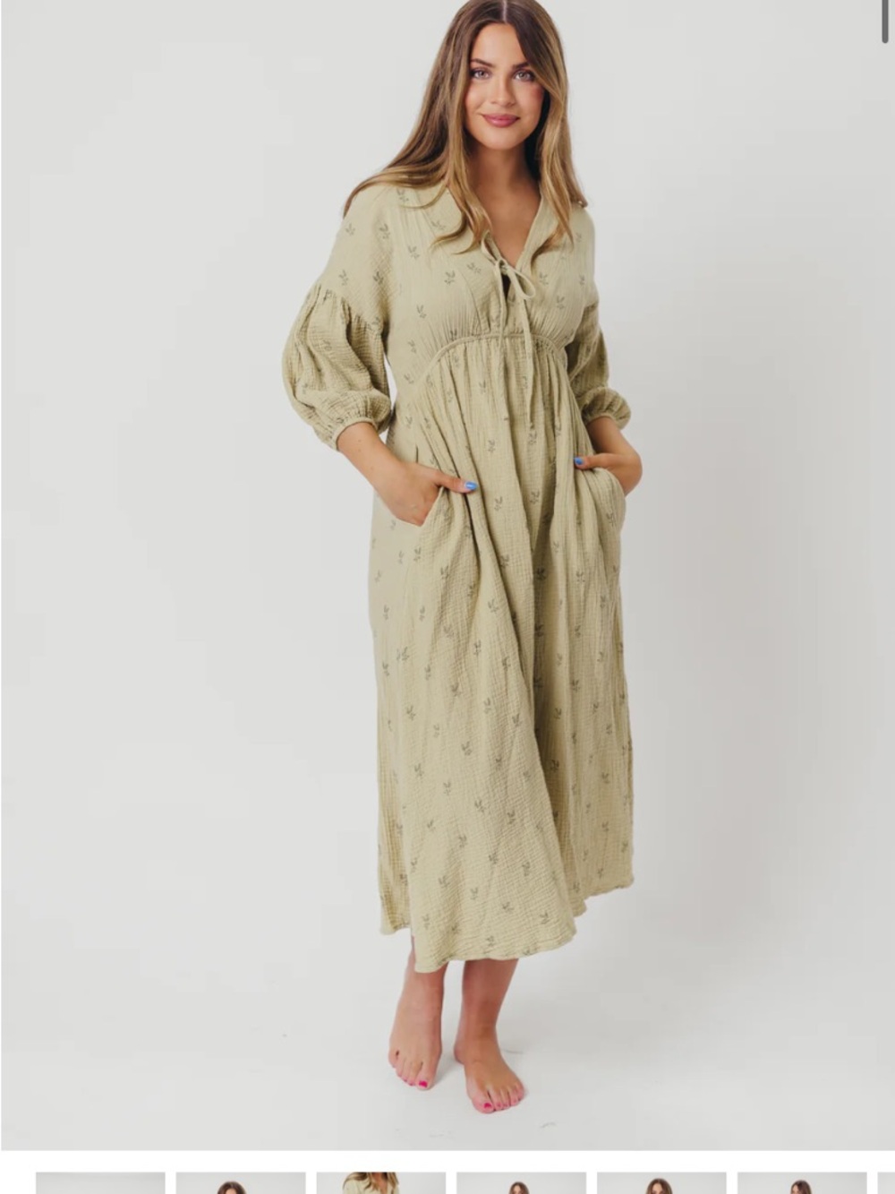 Tie-Neck Olive Maxi Dress with Smocked Empire
